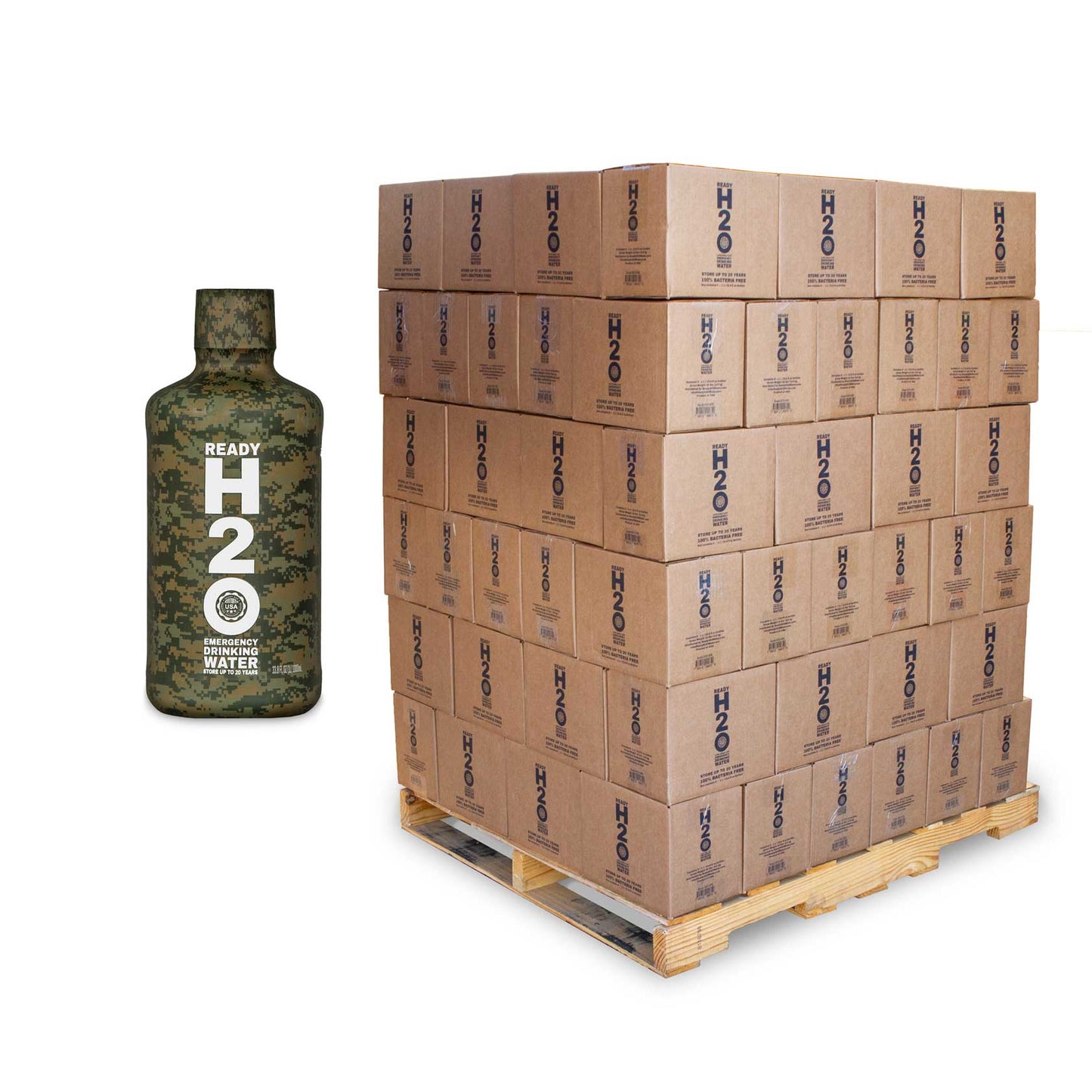 Special Order - Emergency Drinking Water - Bacteria Free - 20 yr - 1 Liter Bottles - Pallet Quantity  - Camo Bottle Design