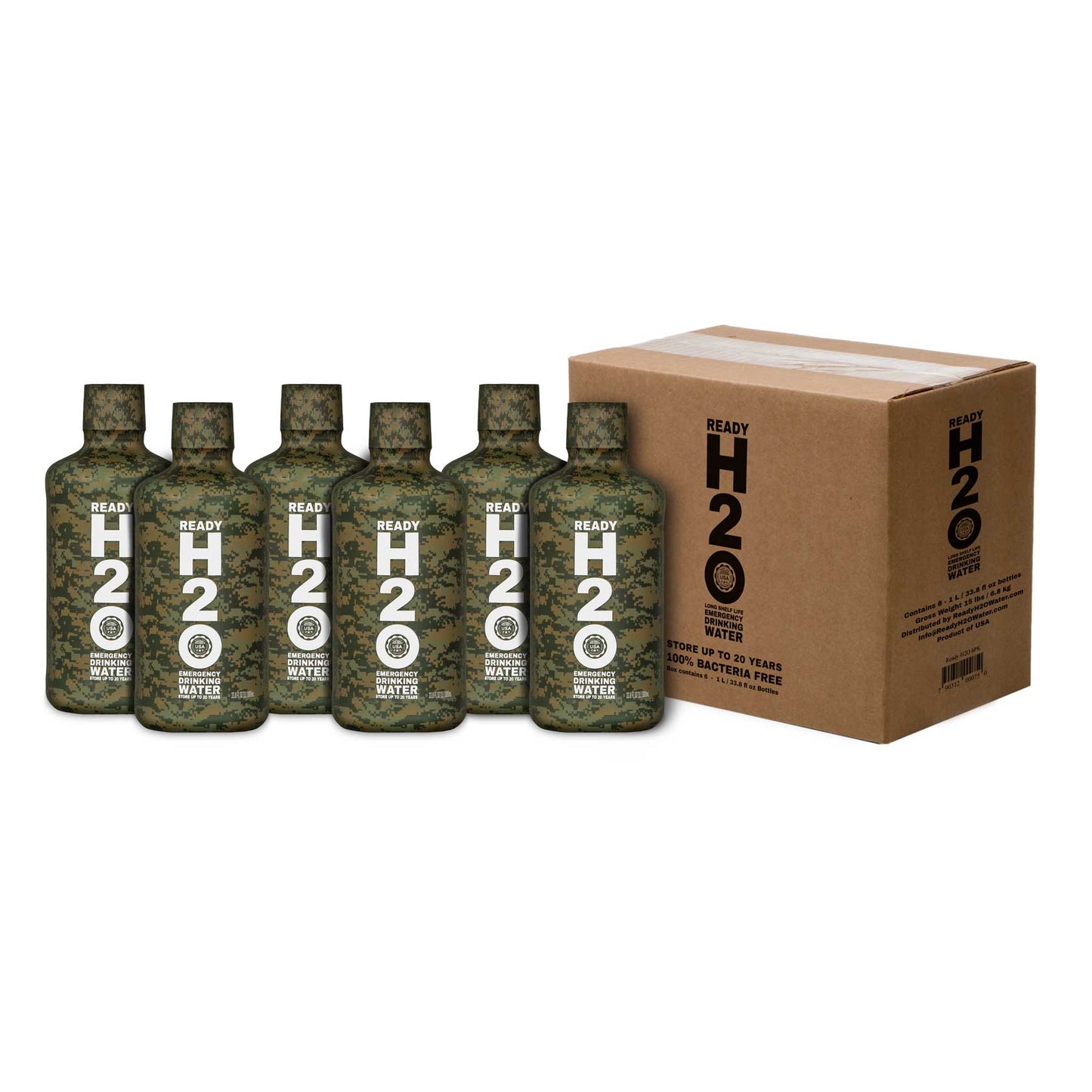 Special Order - Emergency Drinking Water - Bacteria Free - 20 yr - 1 Liter Bottles - Pallet Quantity  - Camo Bottle Design
